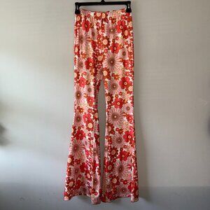 Pink and Orange Retro Vintage Style 70s Floral High Waisted Wide Flare Leg Pants